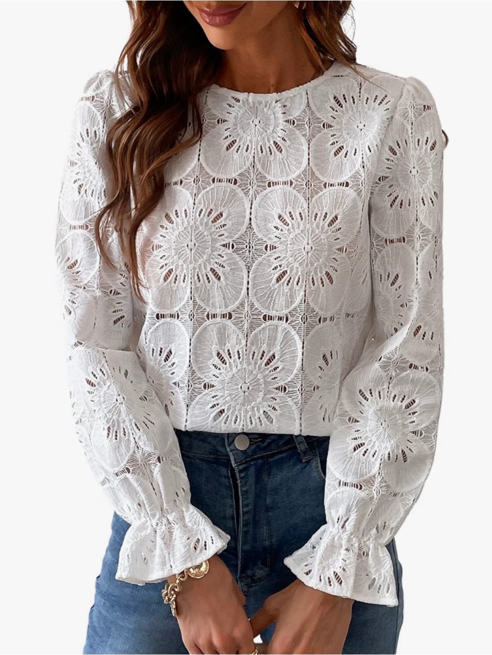 CUPSHE Women’s Small White Floral Lace Long Sleeve Blouse Top Boho Romantic